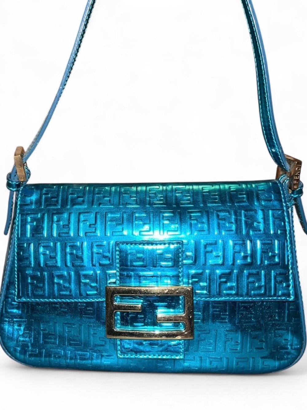 Vintage FENDI Blue Metallic Zucchino Laminated Leather Handbag